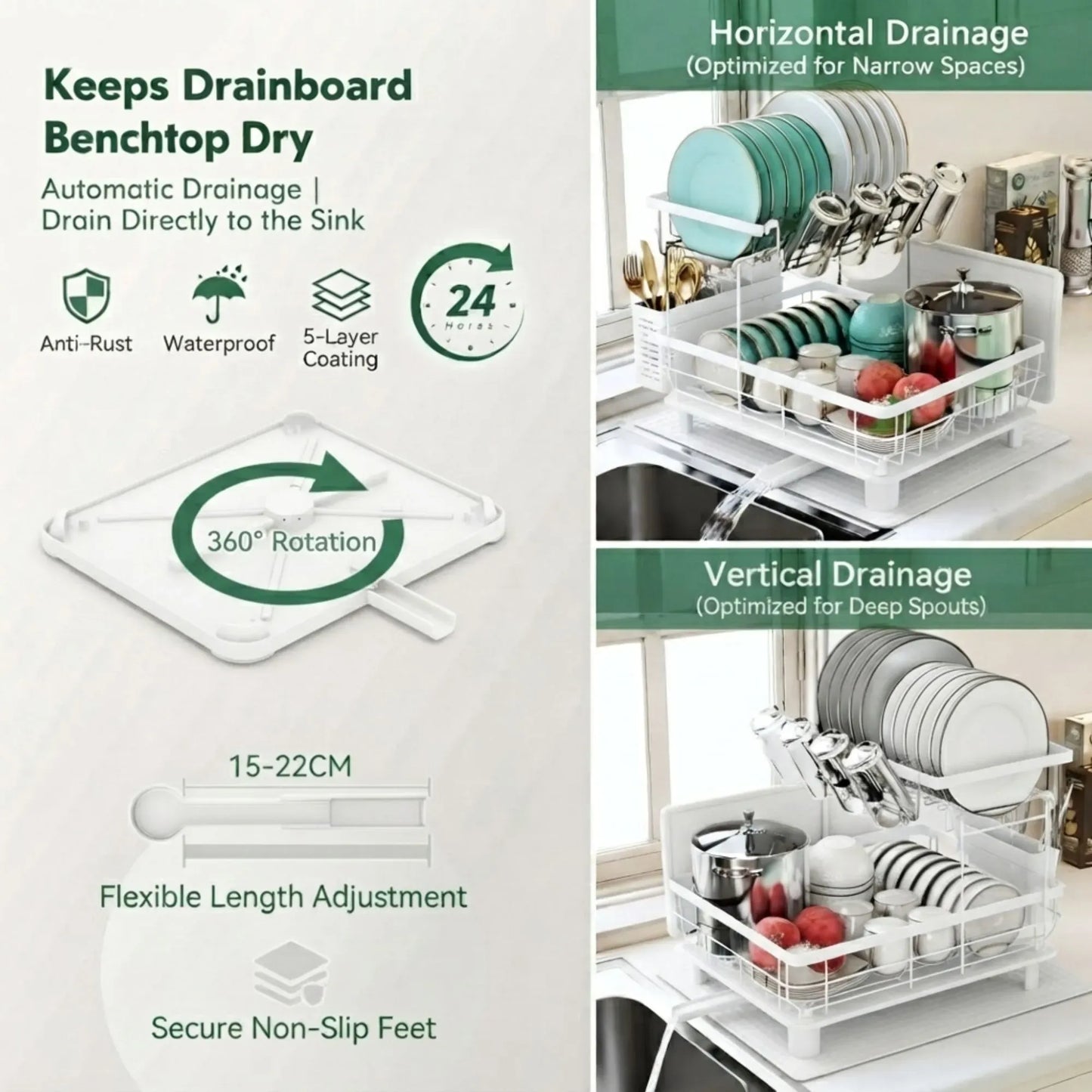 CARLA HOME 2 tier Dish Drying Rack with Drainboard & Utensil Holder for Kitchen (White)