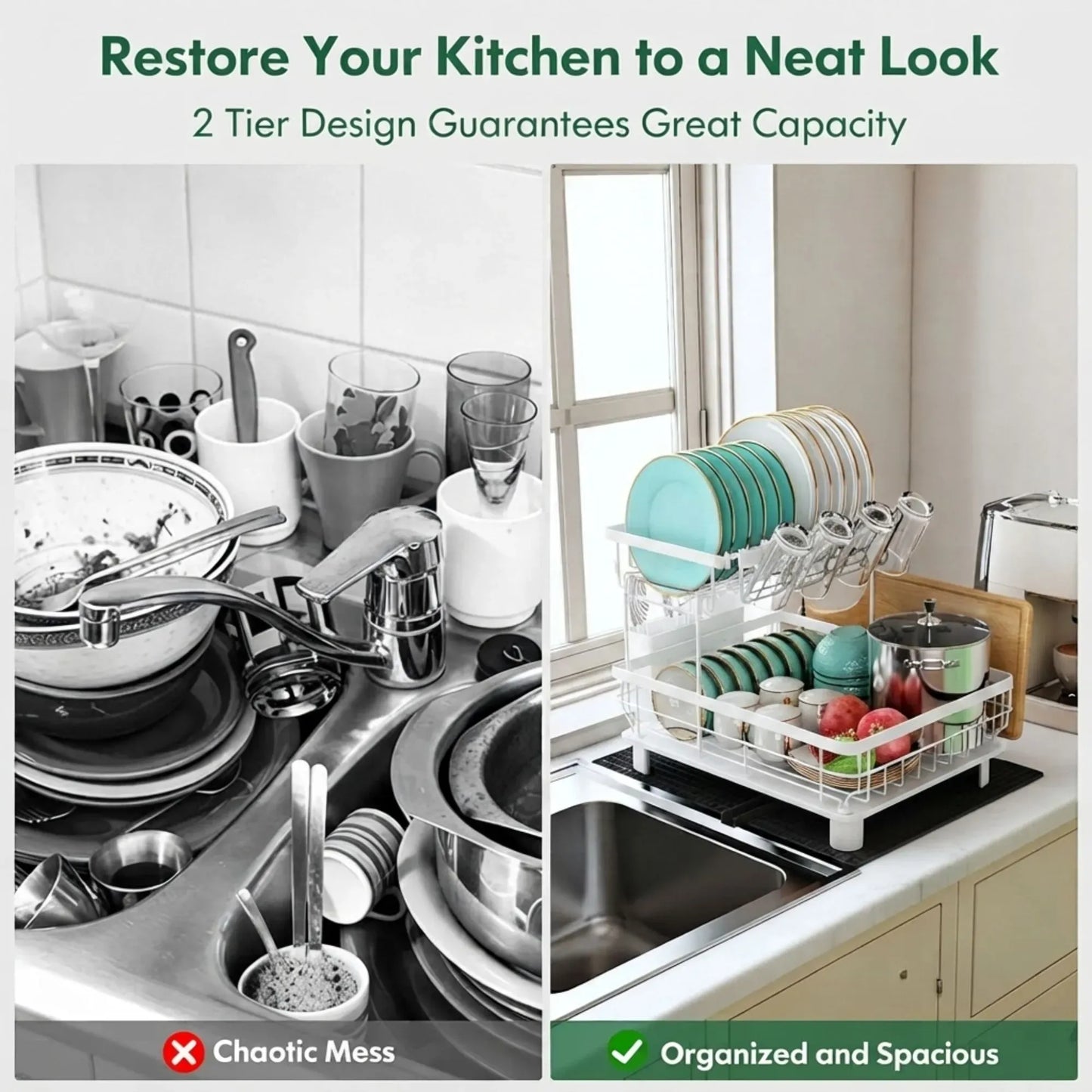 CARLA HOME 2 tier Dish Drying Rack with Drainboard & Utensil Holder for Kitchen (White)