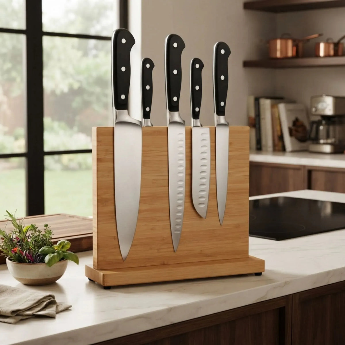 CARLA HOME Magnetic Knife Block, Bamboo Double Sided Holder up to 30cm Knives Kitchen