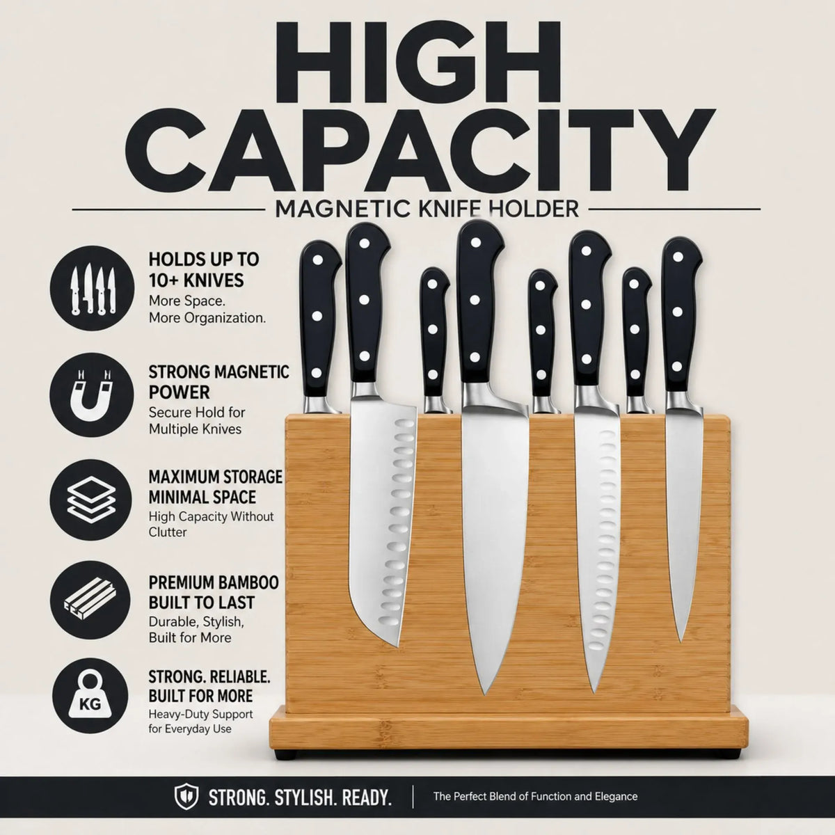 CARLA HOME Magnetic Knife Block, Bamboo Double Sided Holder up to 30cm Knives Kitchen