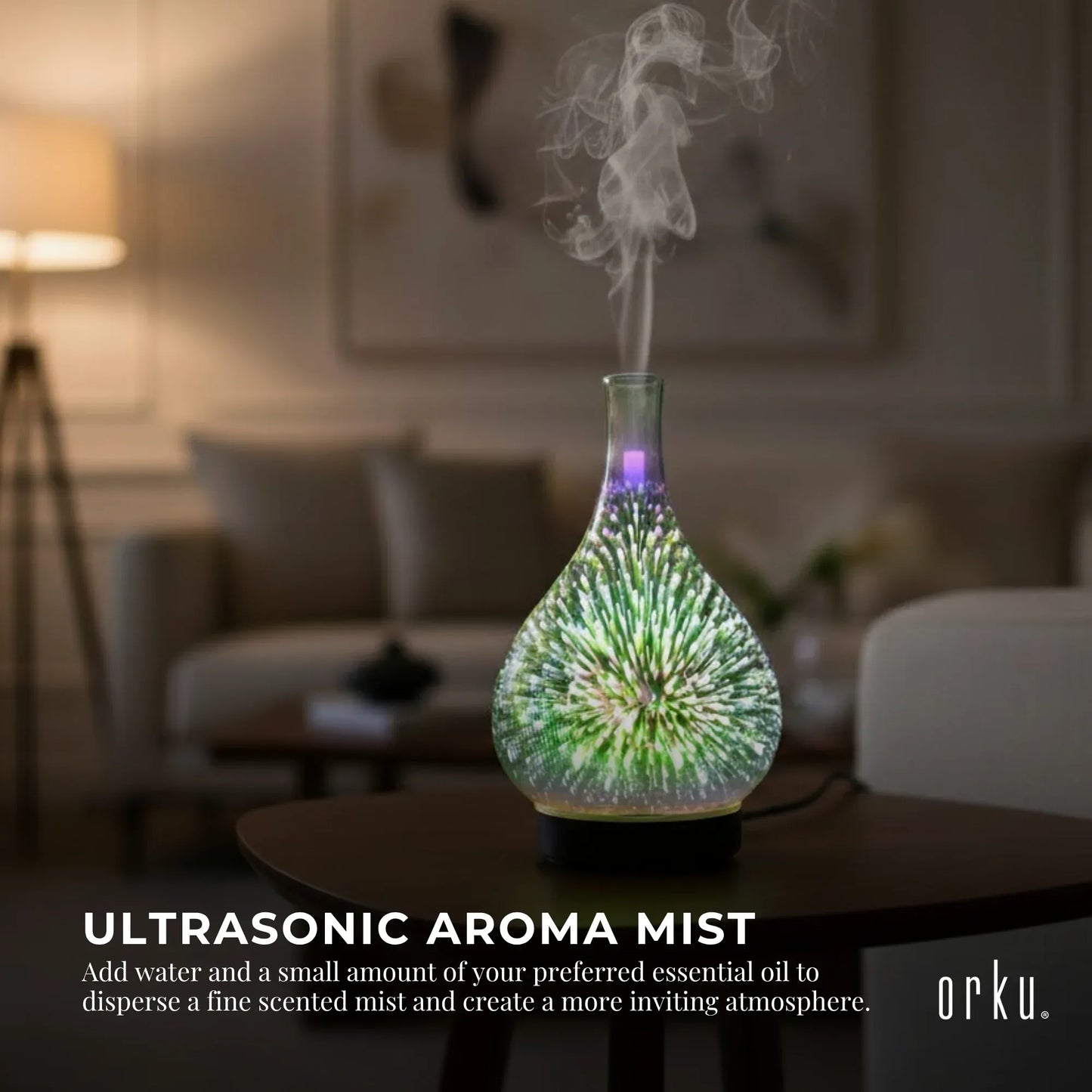 Orku Essential Oil Aroma Diffuser - Mirror 3D Fireworks Light USB Remote