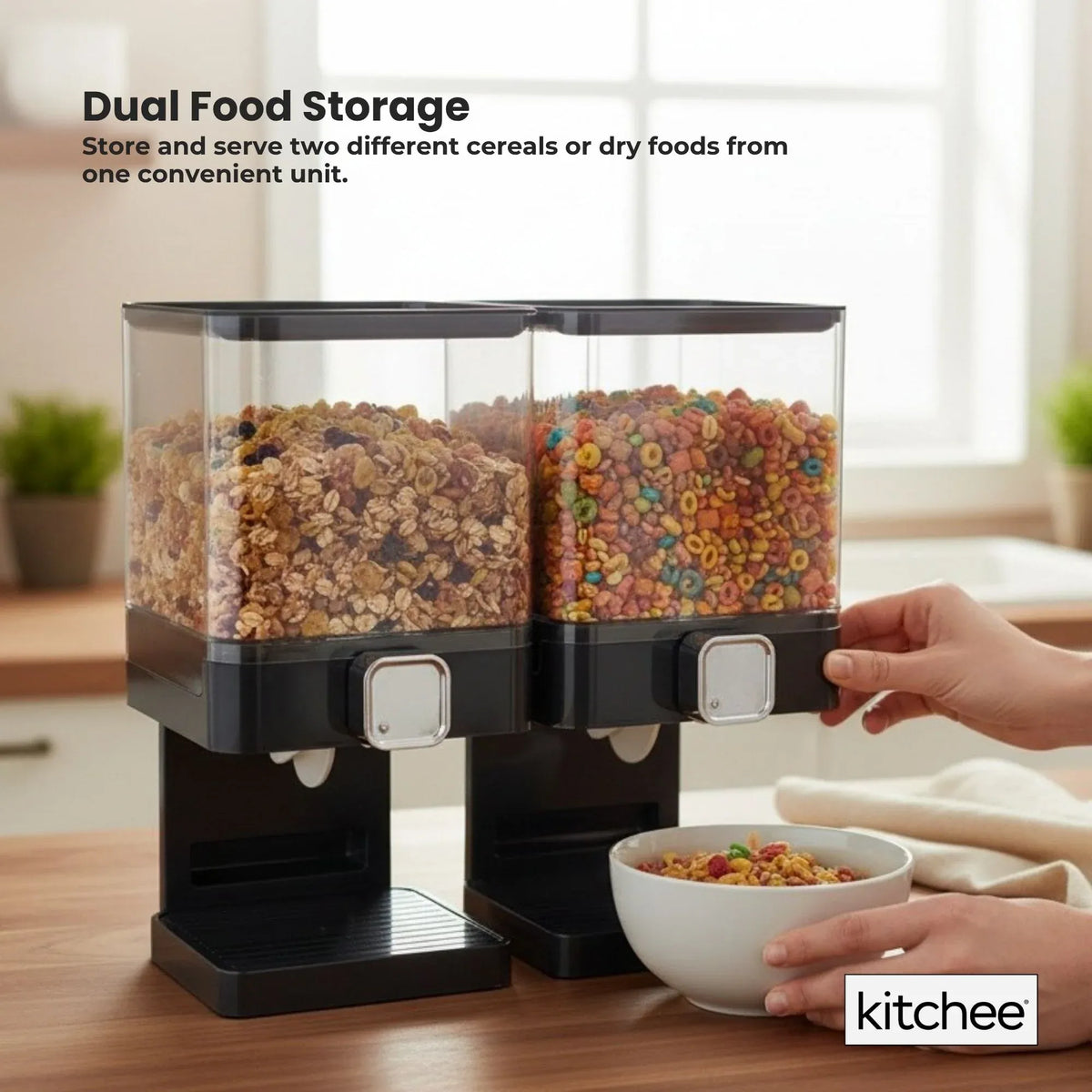 Kitchee 3.7L Double Cereal Dispenser Countertop Rice or Grain Storage Black