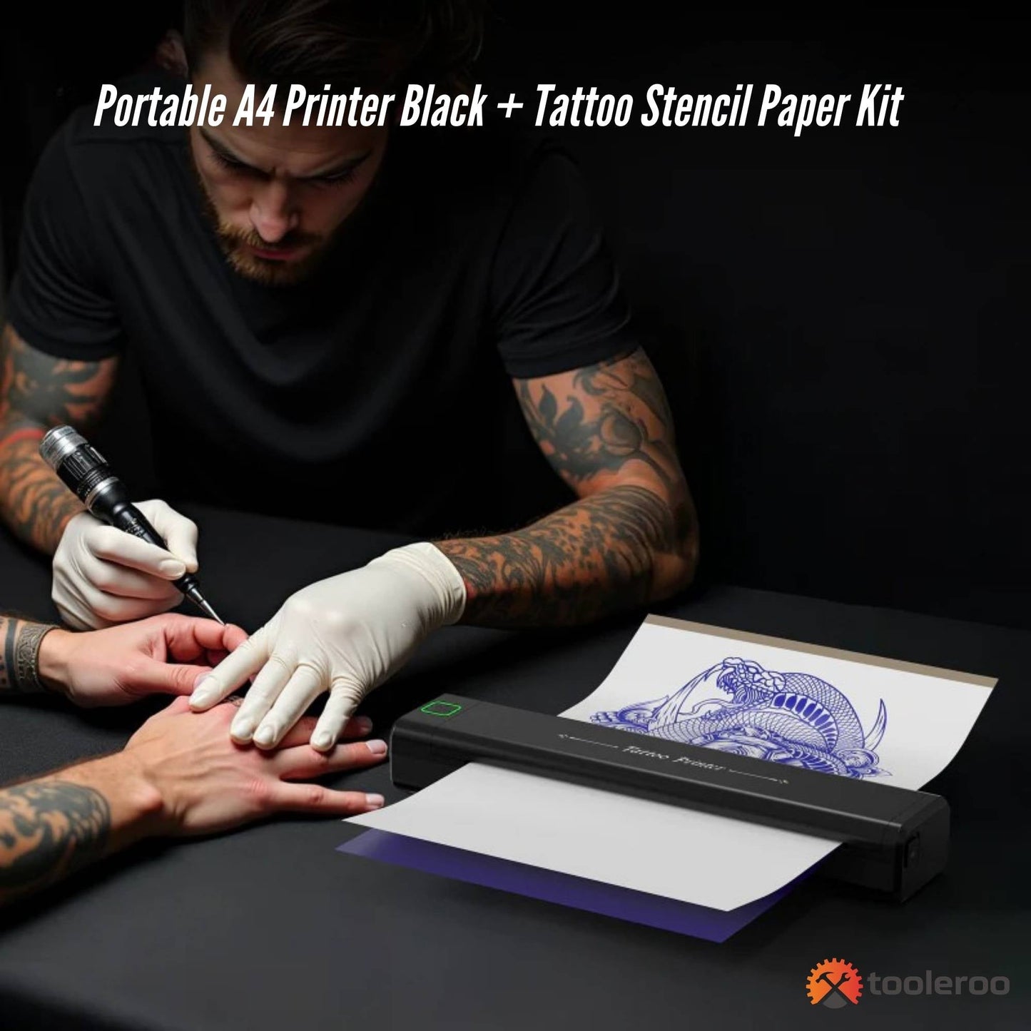 Tooleroo Portable A4 Thermal Printer Black + Tattoo Stencil Paper - Wireless