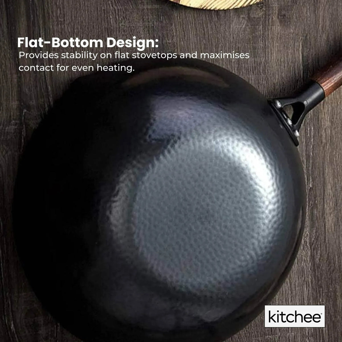 Kitchee 32cm Induction Wok Carbon Steel Flat Bottom with Lid + Spatula Set