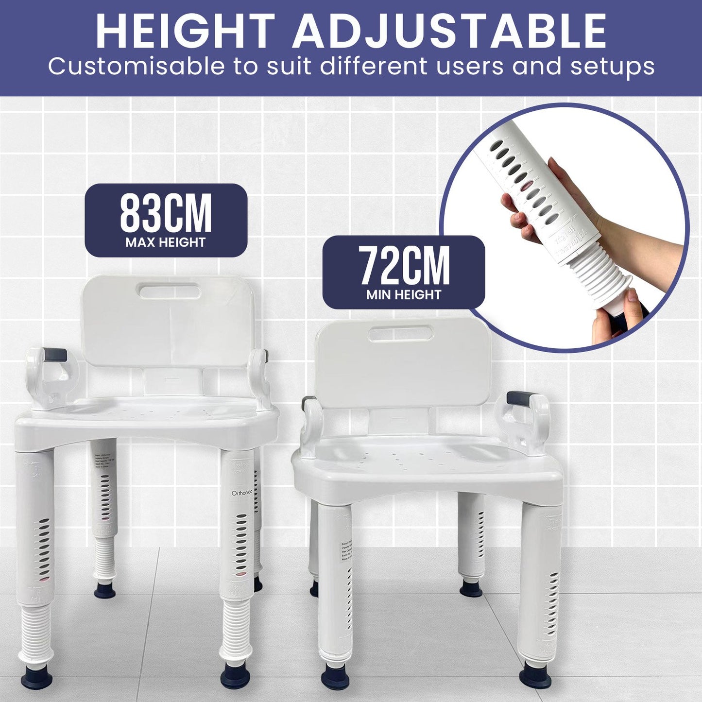 Orthonica Premium Adjustable Shower Chair with Armrests 158kg Capacity