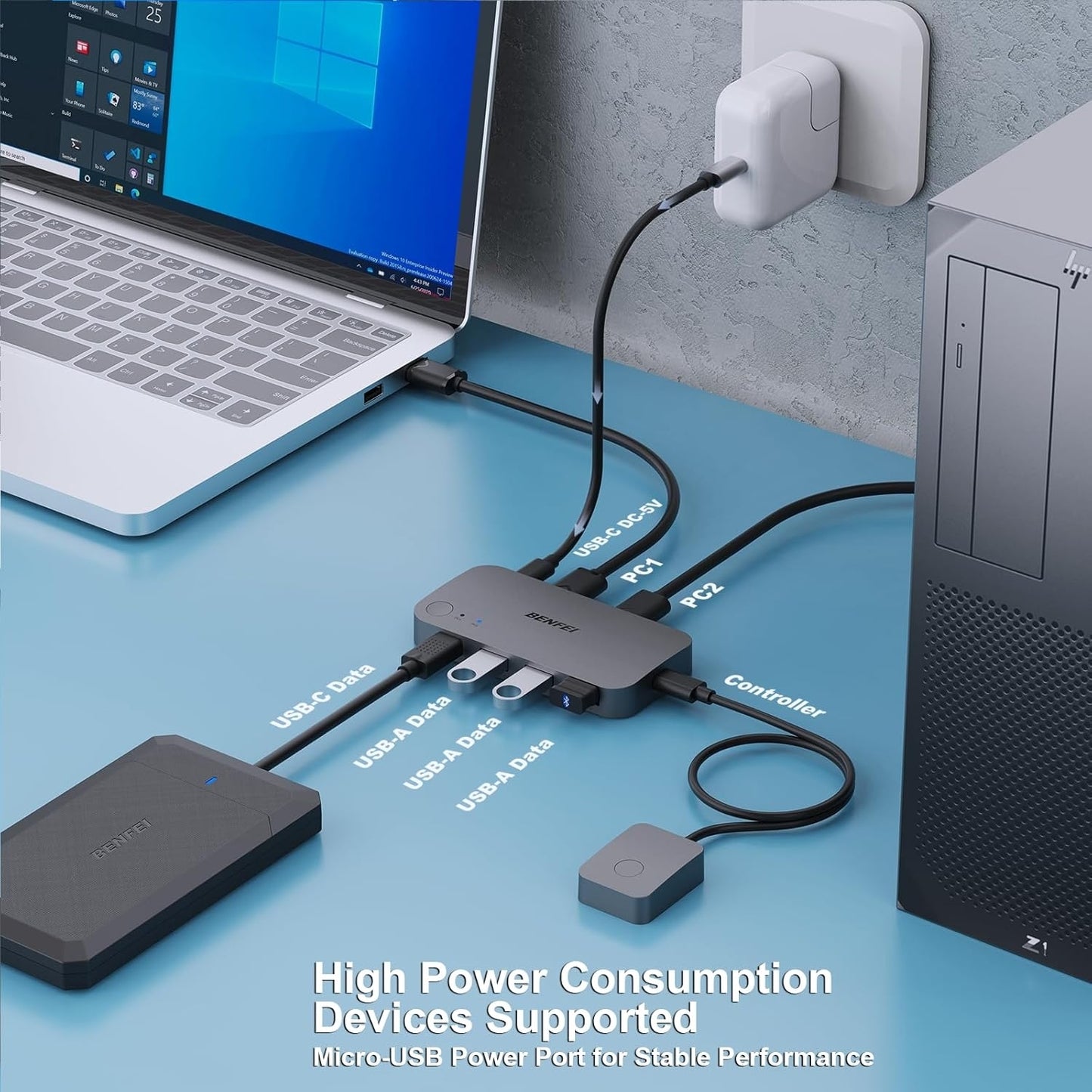 BENFEI 000376BK USB 3.0 Switch, USB Switcher 2 Computers Share 3xUSB 3.0 and 1xUSB C with Remote
