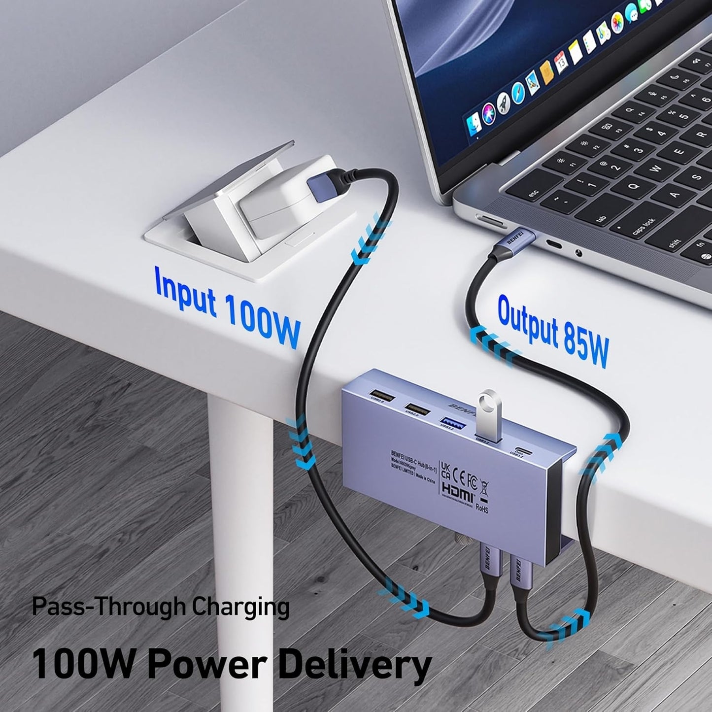 BENFEI 396GY USB-C 8-in-1 Docking HDMI 4K/60Hxz+USB-C(10G)+2xUSB-A(10G)+2xUSB2.0+RJ45+PD100W