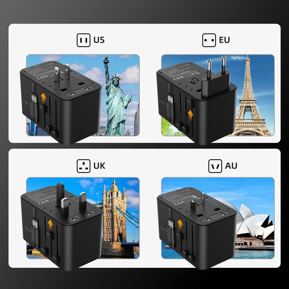 CHOETECH PD5020 35W EU/US/AUS/UK Travel Adapter with Built-in USB-C Cable - Black