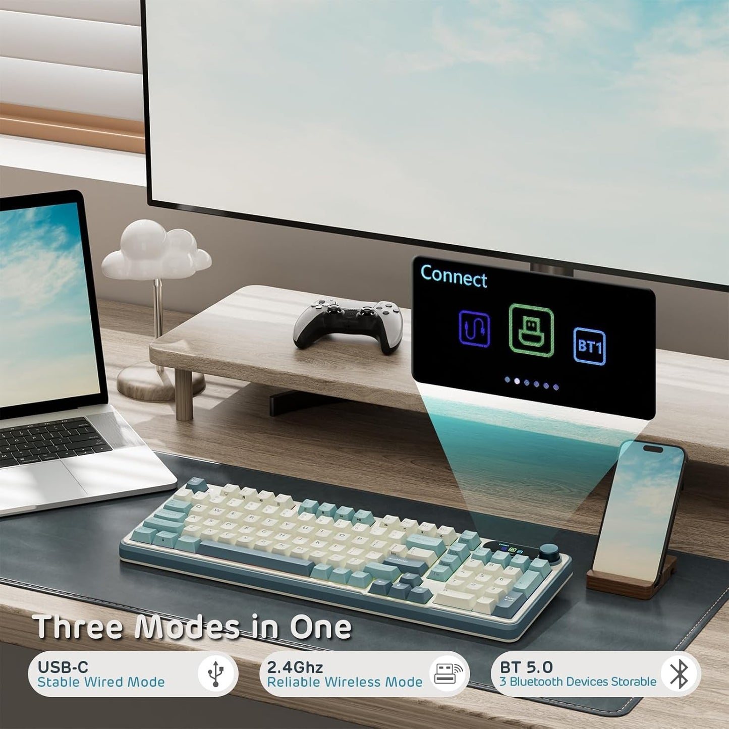 RK ROYAL KLUDGE S98 Mechanical Keyboard w/Smart Display & Knob, Top Mount 96% Wireless Mechanical Keyboard BT/2.4G/USB-C, Hot Swappable, Pale Green Switch 98 Keys