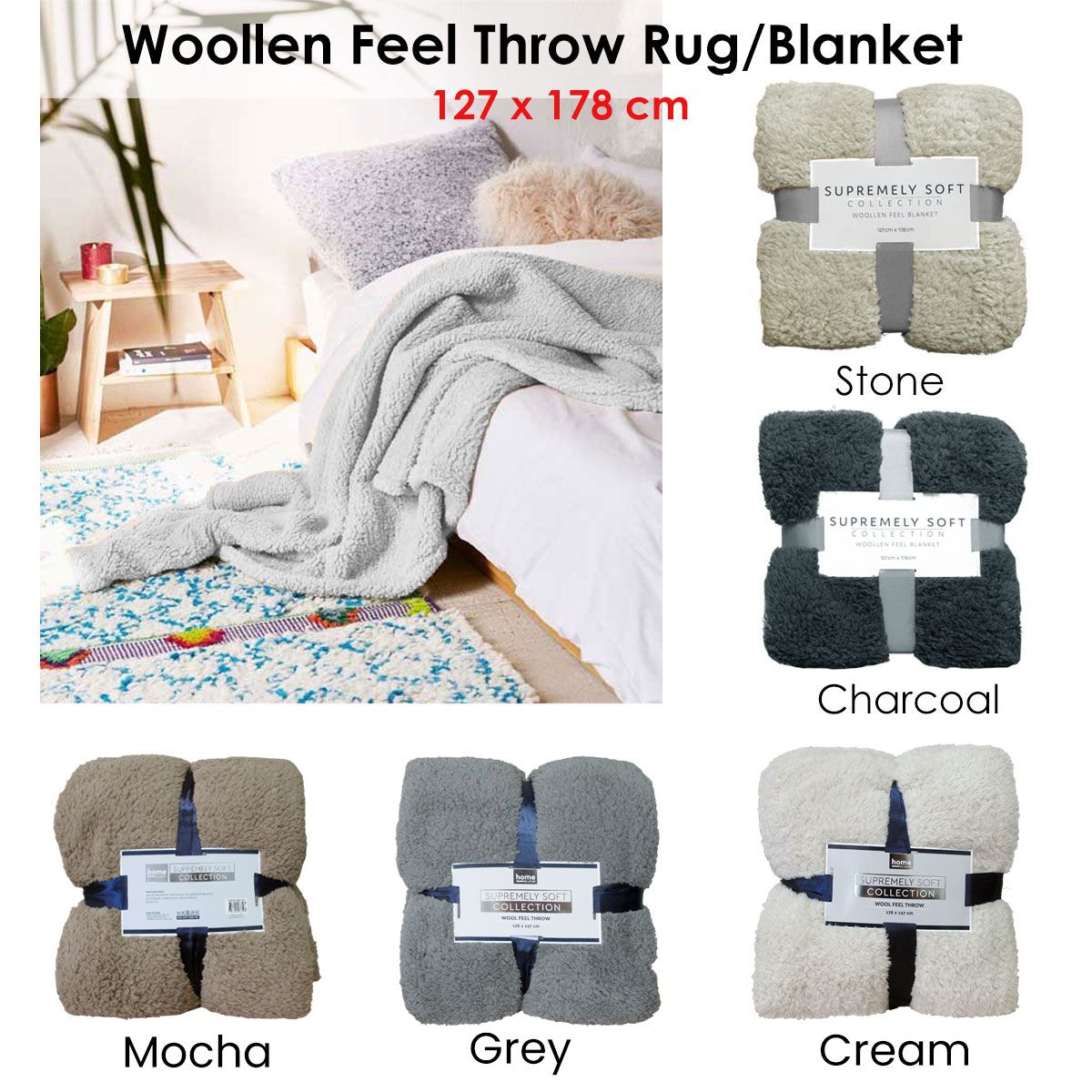 Soft Woollen Feel Throw Rug/Blanket Grey