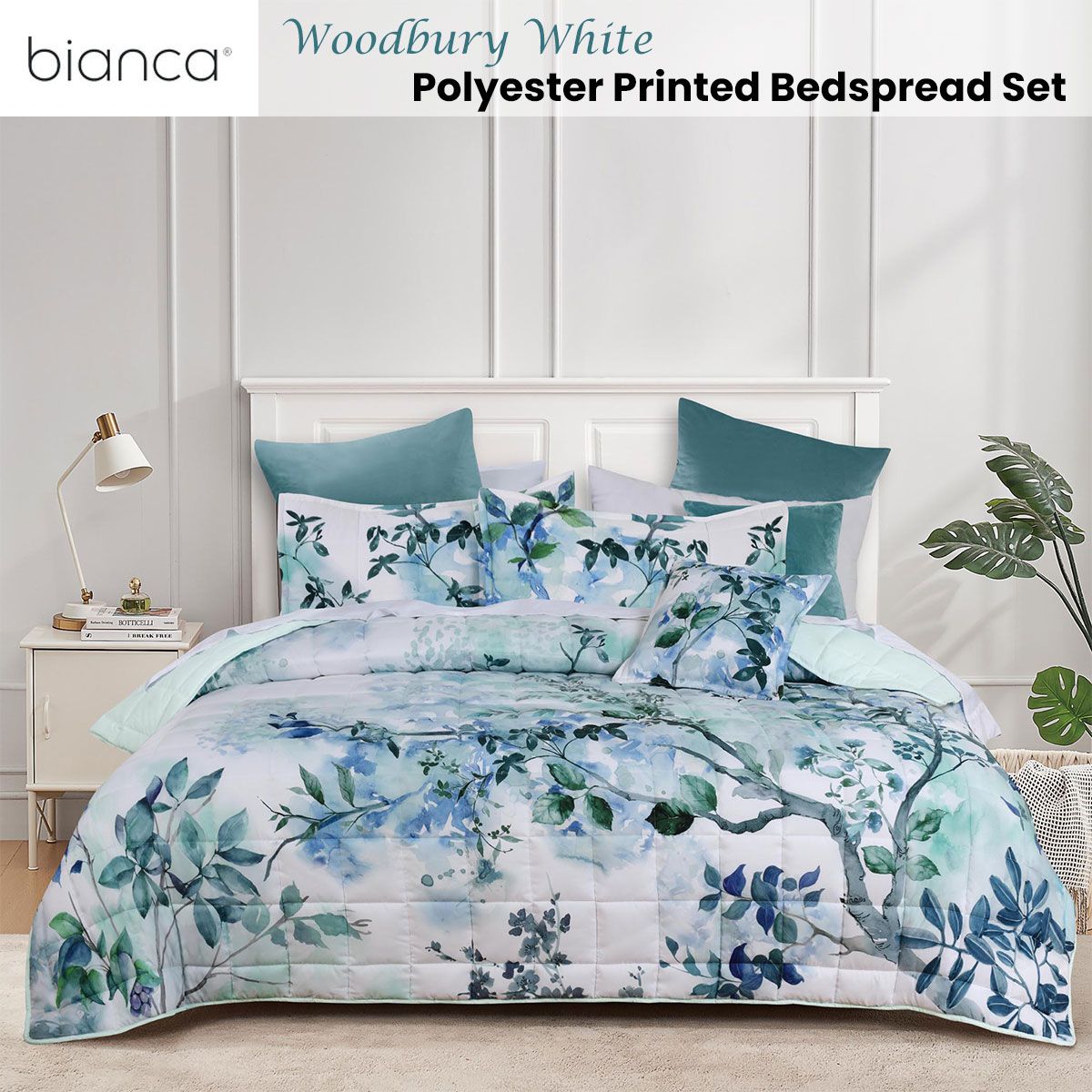 Bianca Woodbury White Botanical Printed Bedspread Set Super King