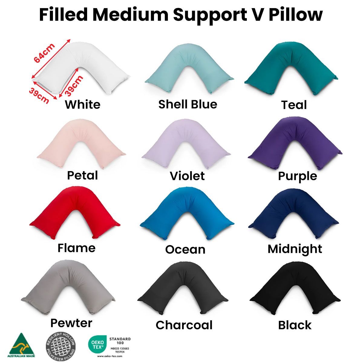 Easyrest Aus Made Medium Support Filled V Shape Pillow 64 x 39 cm Pewter