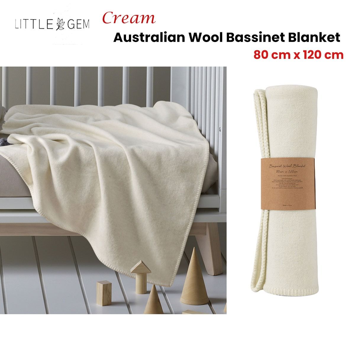 Little Gem Cream Australian Wool Bassinet Blanket 80 x 120 cm