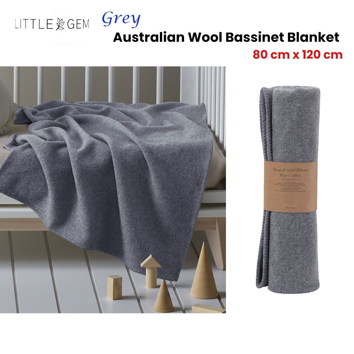 Little Gem Grey Australian Wool Bassinet Blanket 80 x 120 cm