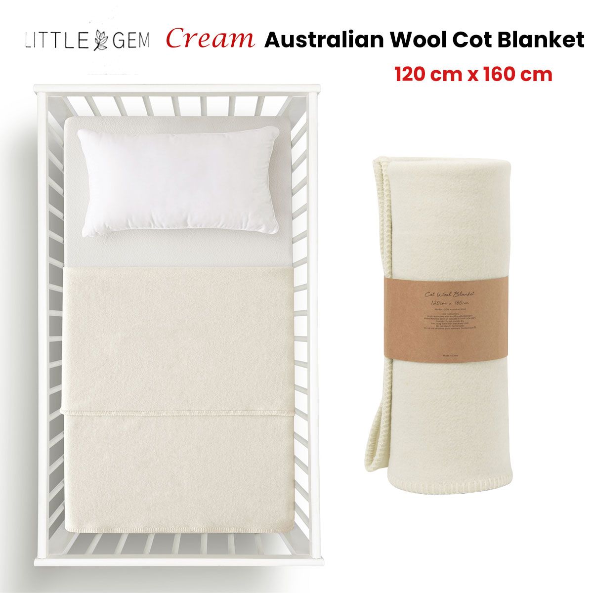 Little Gem Cream Australian Wool Cot Blanket 120 x 160 cm