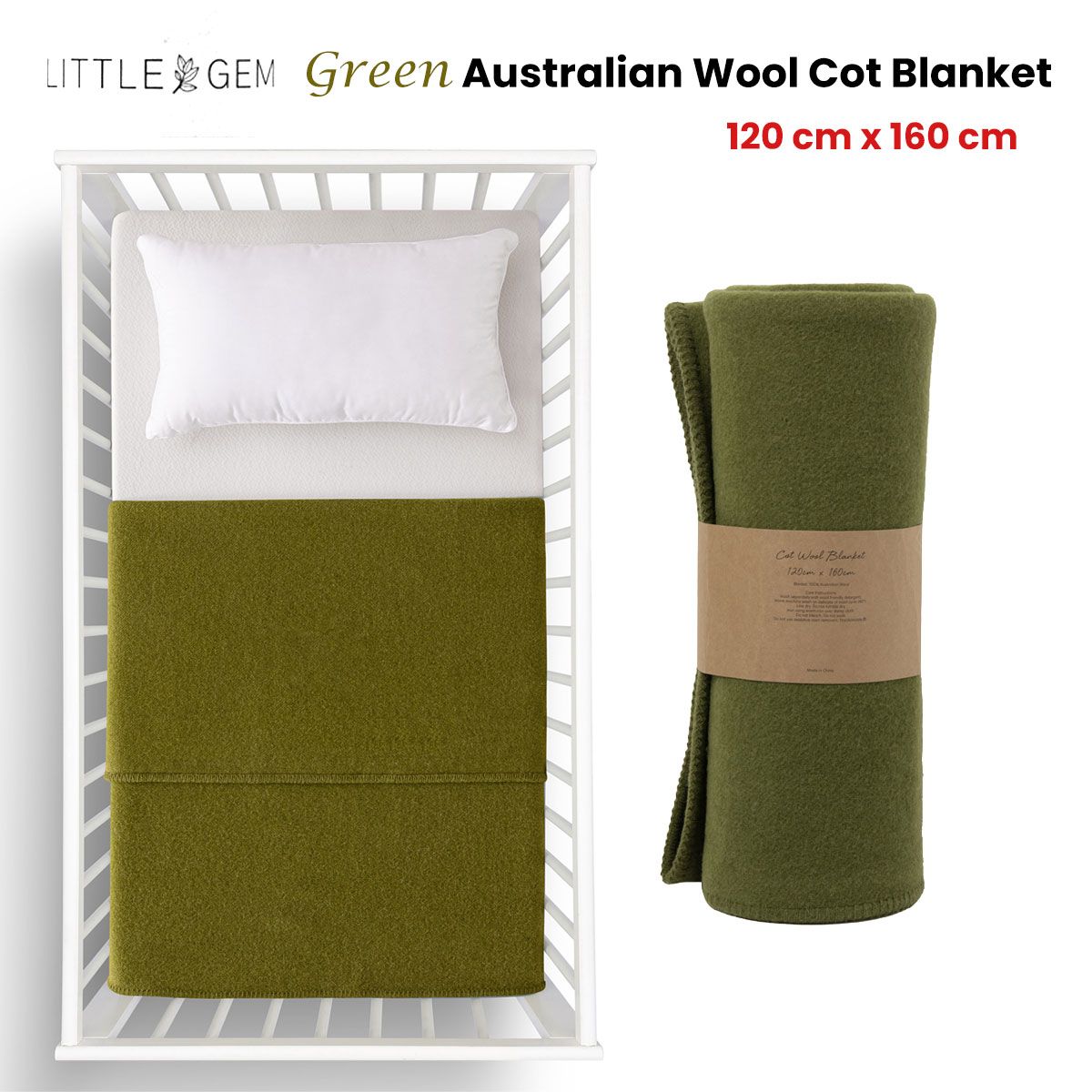 Little Gem Green Australian Wool Cot Blanket 120 x 160 cm
