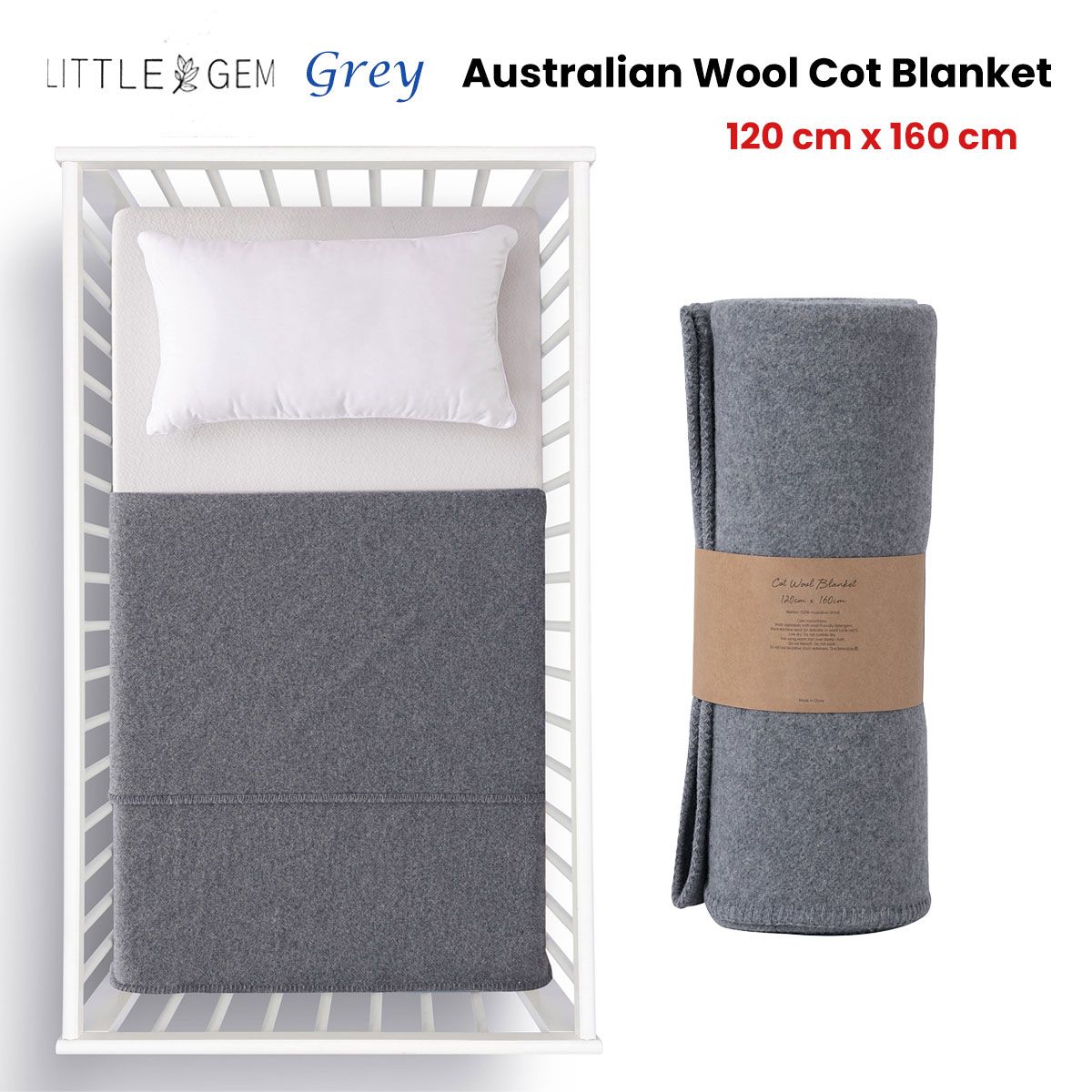 Little Gem Grey Australian Wool Cot Blanket 120 x 160 cm
