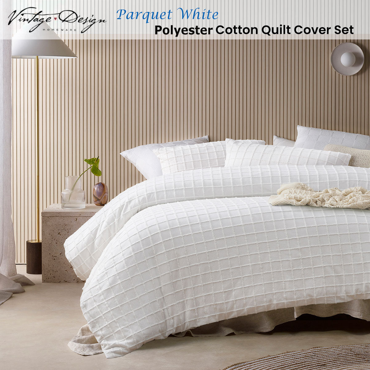 Vintage Design Homewares Parquet White Polyester Cotton Quilt Cover Set Single