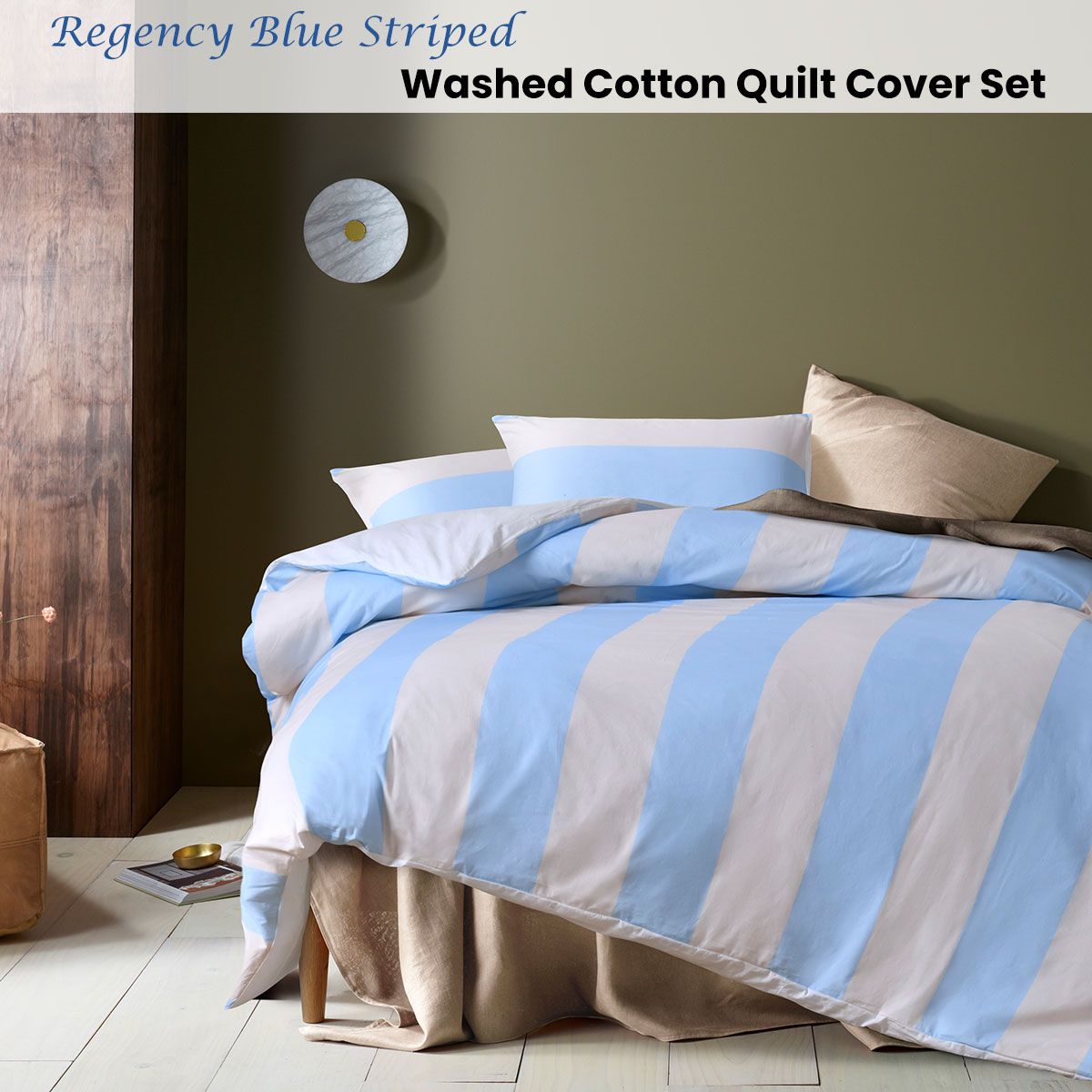 Accessorize Regency Blue Striped Washed Cotton Quilt Cover Set Queen