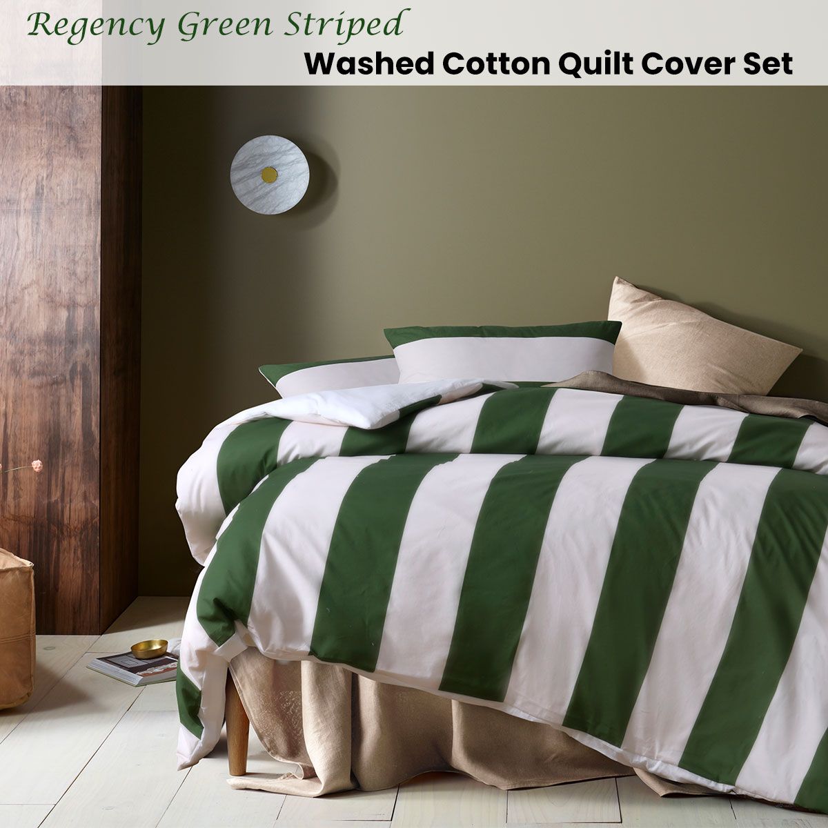 Accessorize Regency Green Striped Washed Cotton Quilt Cover Set Queen