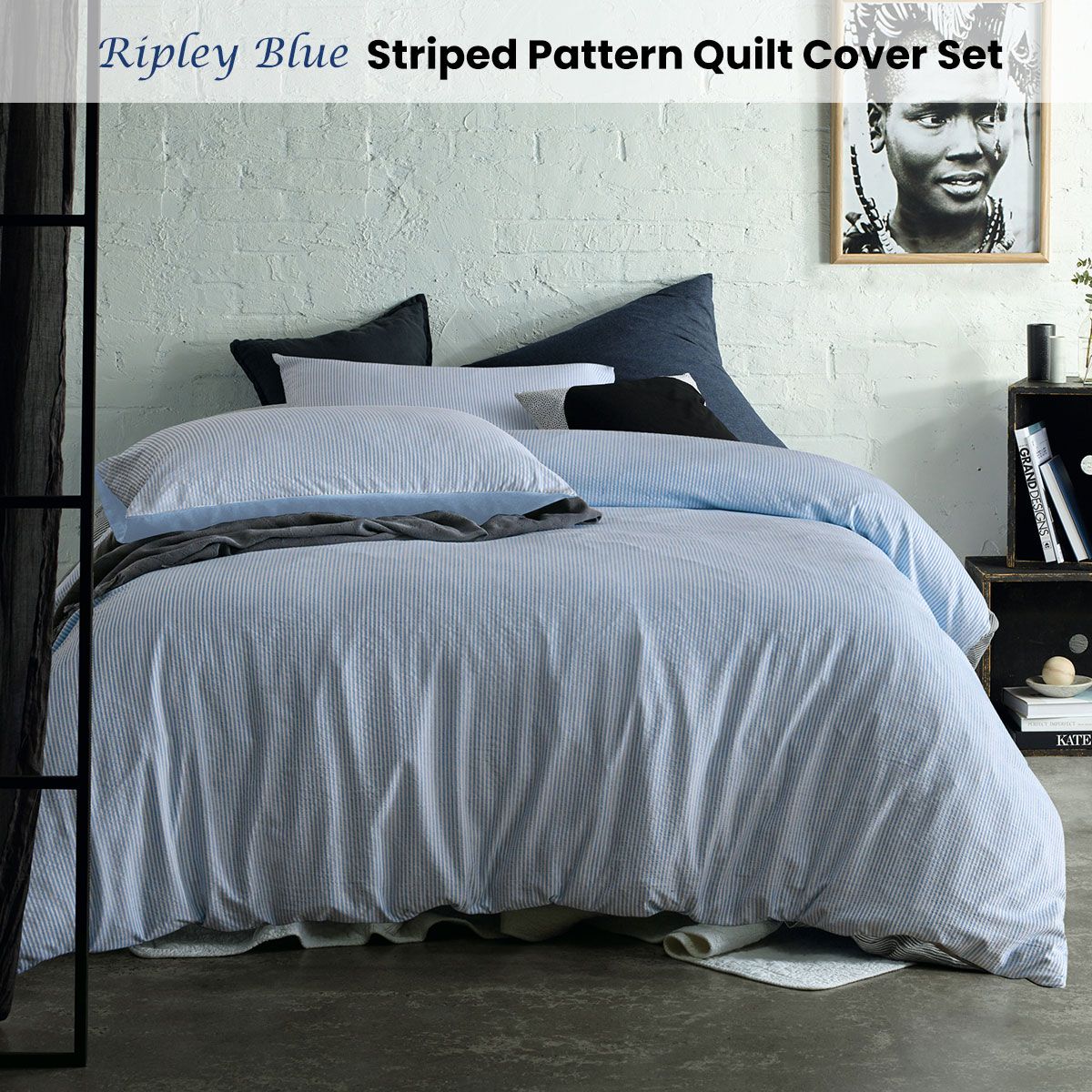 Accessorize Ripley Blue Striped Pattern Quilt Cover Set Single