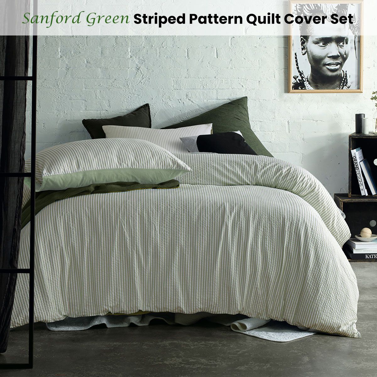 Accessorize Sanford Green Striped Pattern Quilt Cover Set King