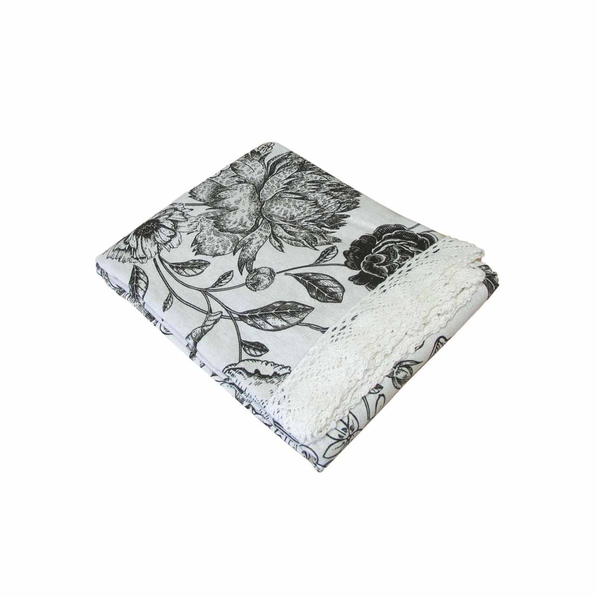 Botanical Printed Premium 60% Cotton 40% Linen Table Cloth with White Lace Edging 140 x 220 cm / 6 Seater