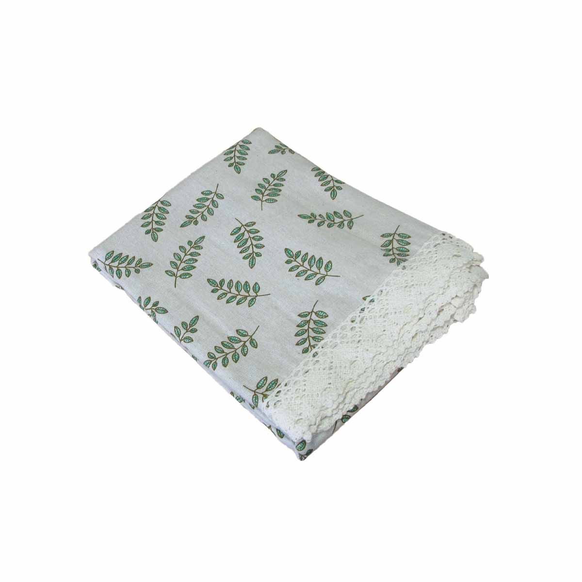 Leaf Printed Premium 60% Cotton 40% Linen Table Cloth with White Lace Edging 140 x 180 cm / 4 Seater