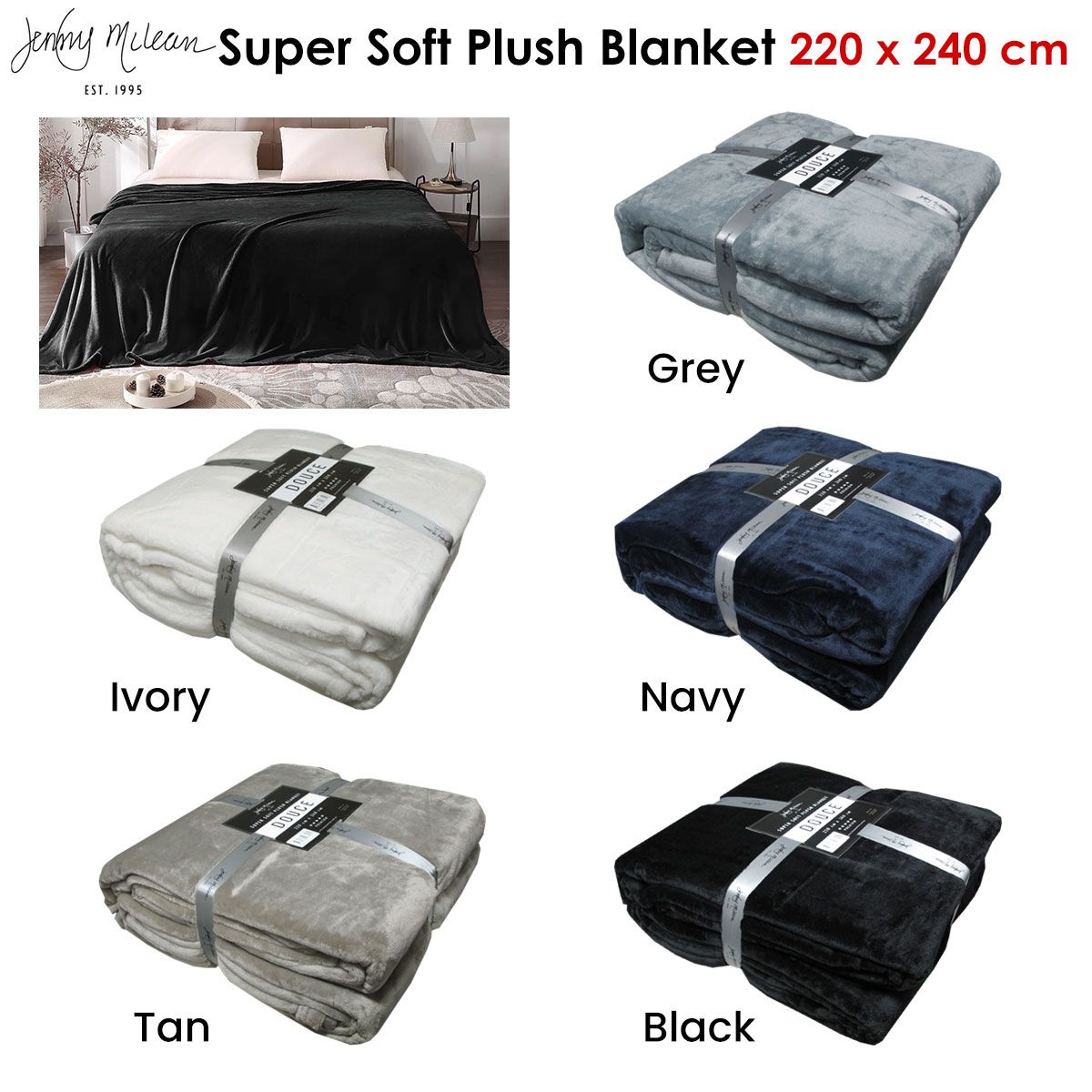 Jenny Mclean 300GSM Douce Super Soft Plush Blanket 220 x 240 cm Ivory