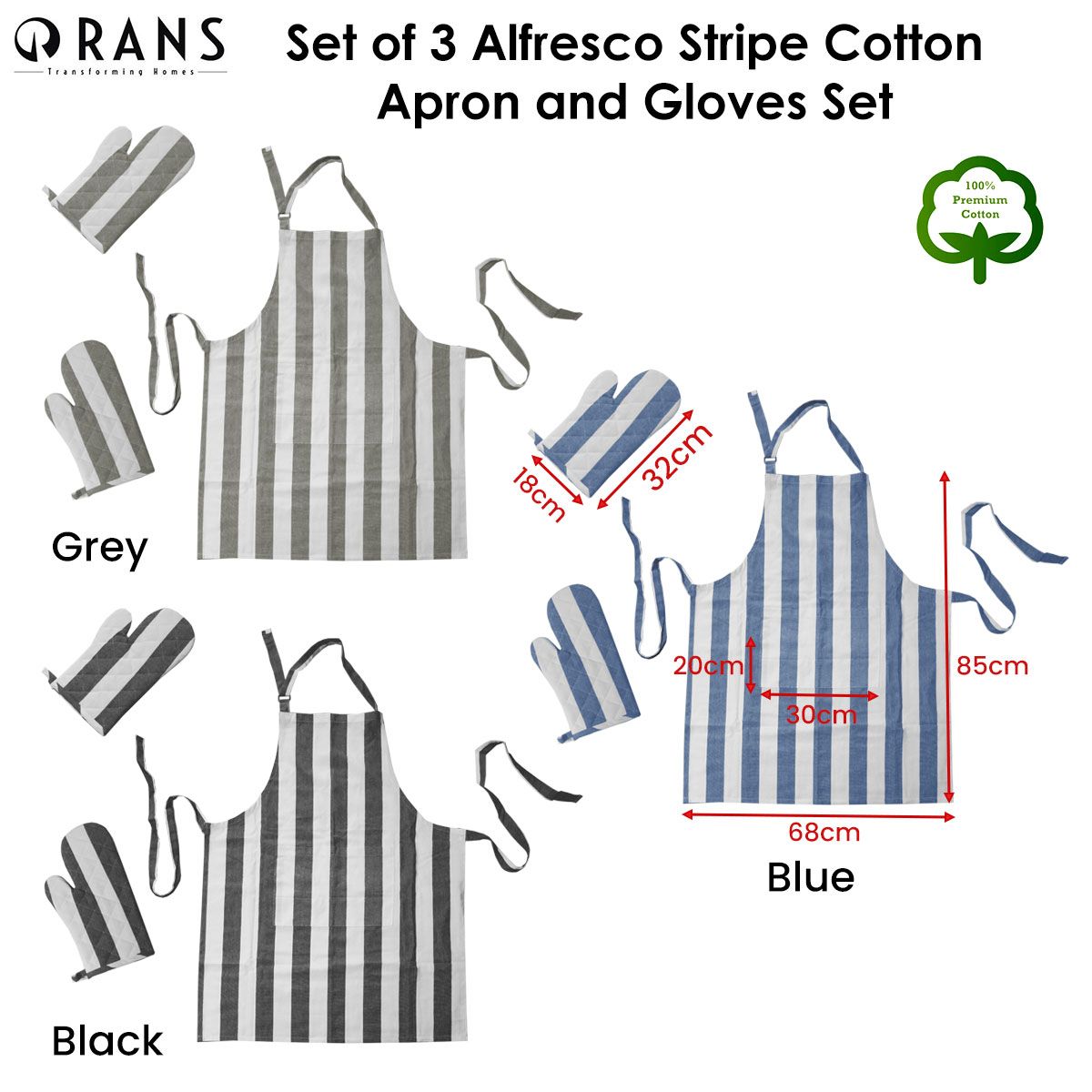 Rans Set of 3 Alfresco Stripe Cotton Apron & Oven Gloves Set Blue