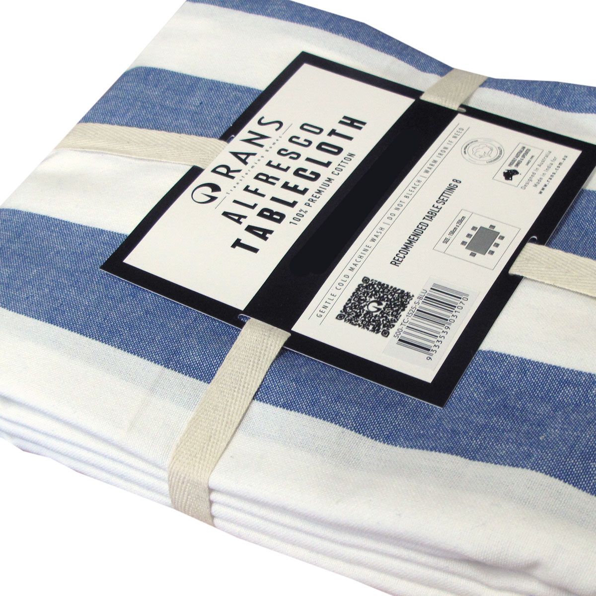 Rans Blue Alfresco Stripes Cotton Tablecloth - Choose from 2 sizes 150cm x 250cm