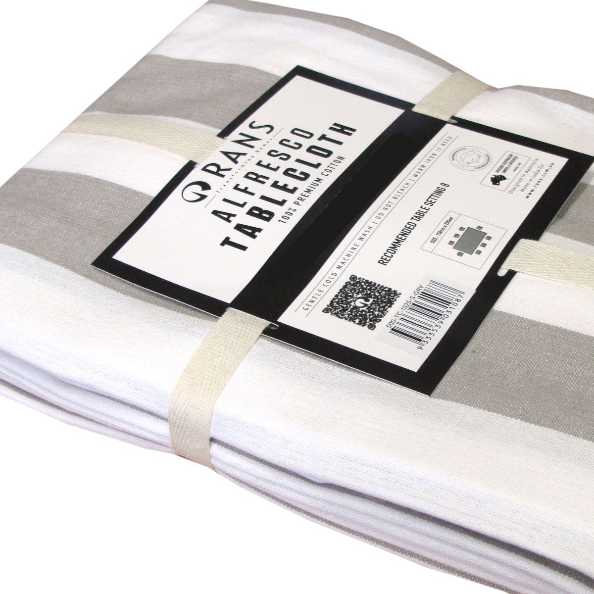 Rans Grey Alfresco Stripes Cotton Tablecloth - Choose from 2 sizes 150cm x 250cm