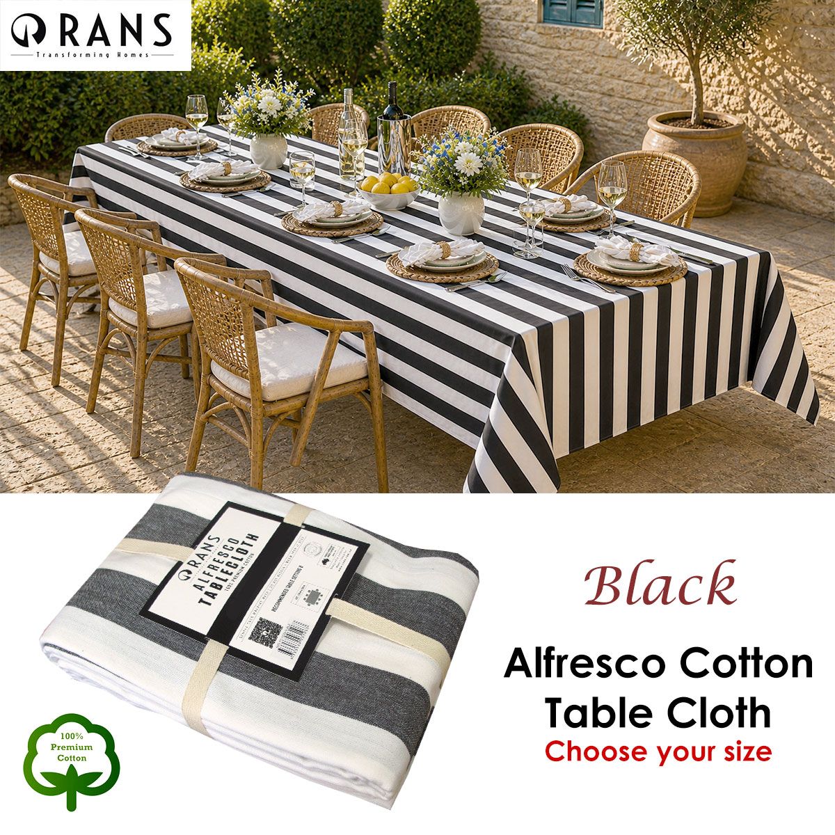Rans Black Alfresco Stripes Cotton Tablecloth - Choose from 2 sizes 150cm x 300cm