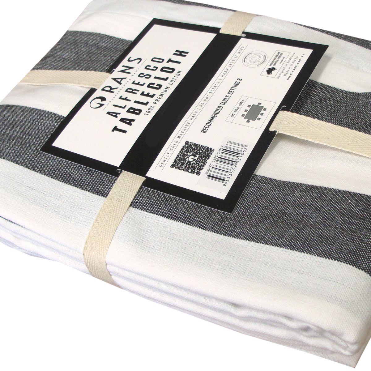 Rans Black Alfresco Stripes Cotton Tablecloth - Choose from 2 sizes 150cm x 300cm