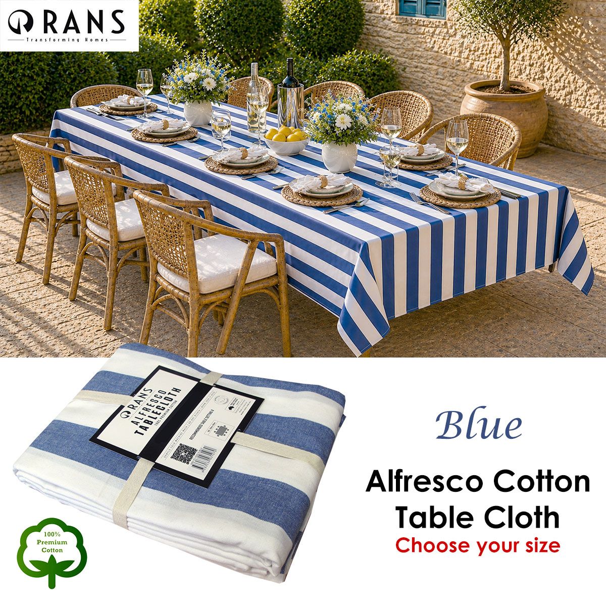 Rans Blue Alfresco Stripes Cotton Tablecloth - Choose from 2 sizes 150cm x 300cm