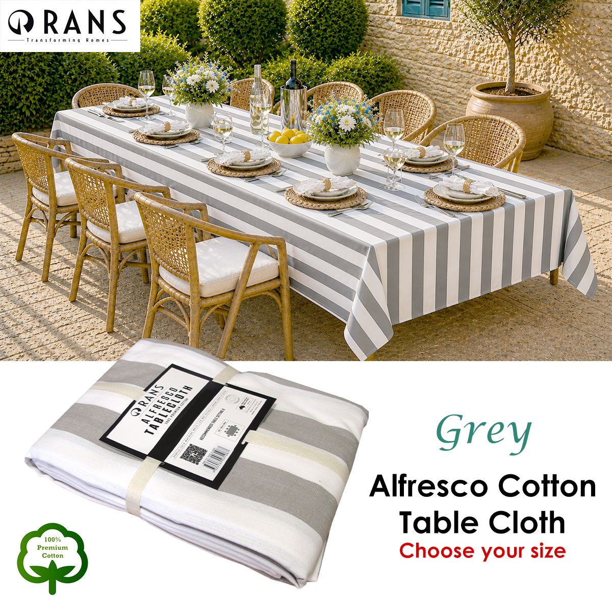 Rans Grey Alfresco Stripes Cotton Tablecloth - Choose from 2 sizes 150cm x 300cm