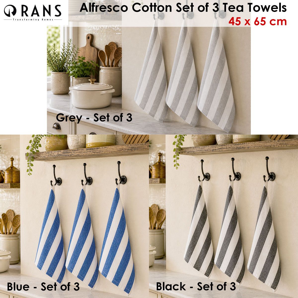 Rans Alfresco Stripes Cotton Set of 3 Tea Towels 45 x 65 cm Grey
