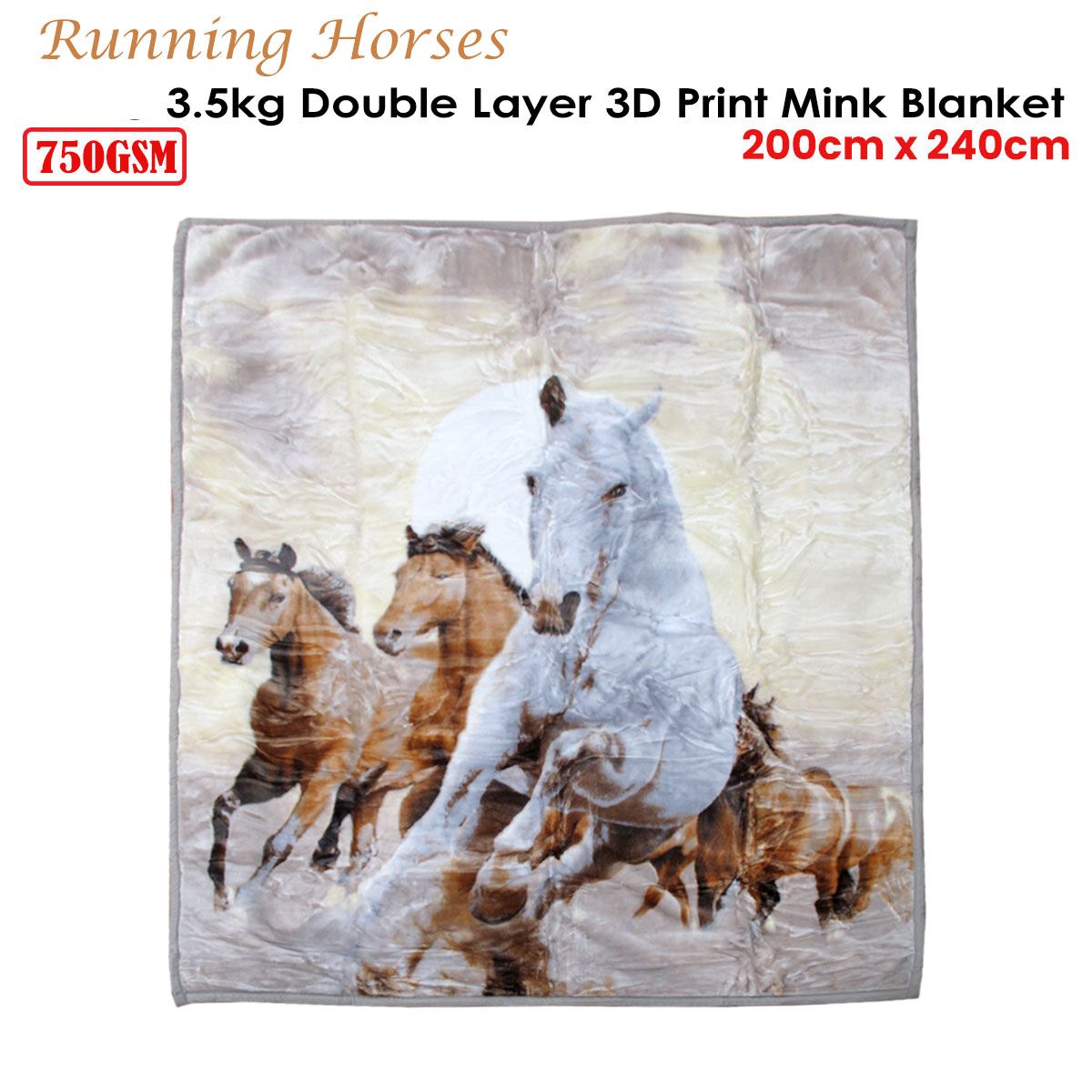 Running Horses 750gsm 3.5kg Double Layer 3D Print Faux Mink Blanket Queen