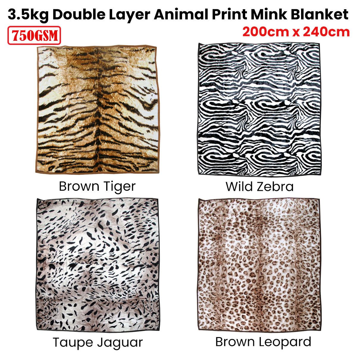 750gsm 3.5kg Double Layer Animal Print Faux Mink Blanket Queen 200x240 cm Wild Zebra
