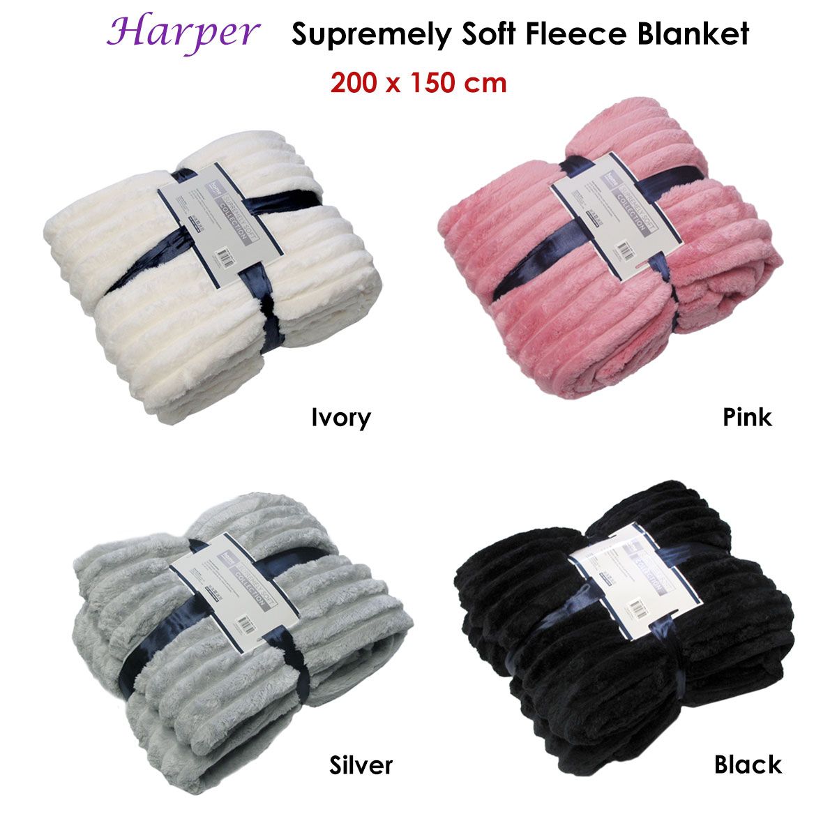 Harper Supremely Soft Fleece Extra Large Throw / Single Sized Blanket 200 x 150 cm Black