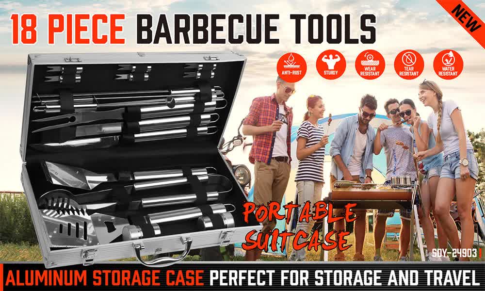 18Pcs BBQ Tool Set Stainless Steel Barbecue Utensil Cooking Grill Outdoor Cook