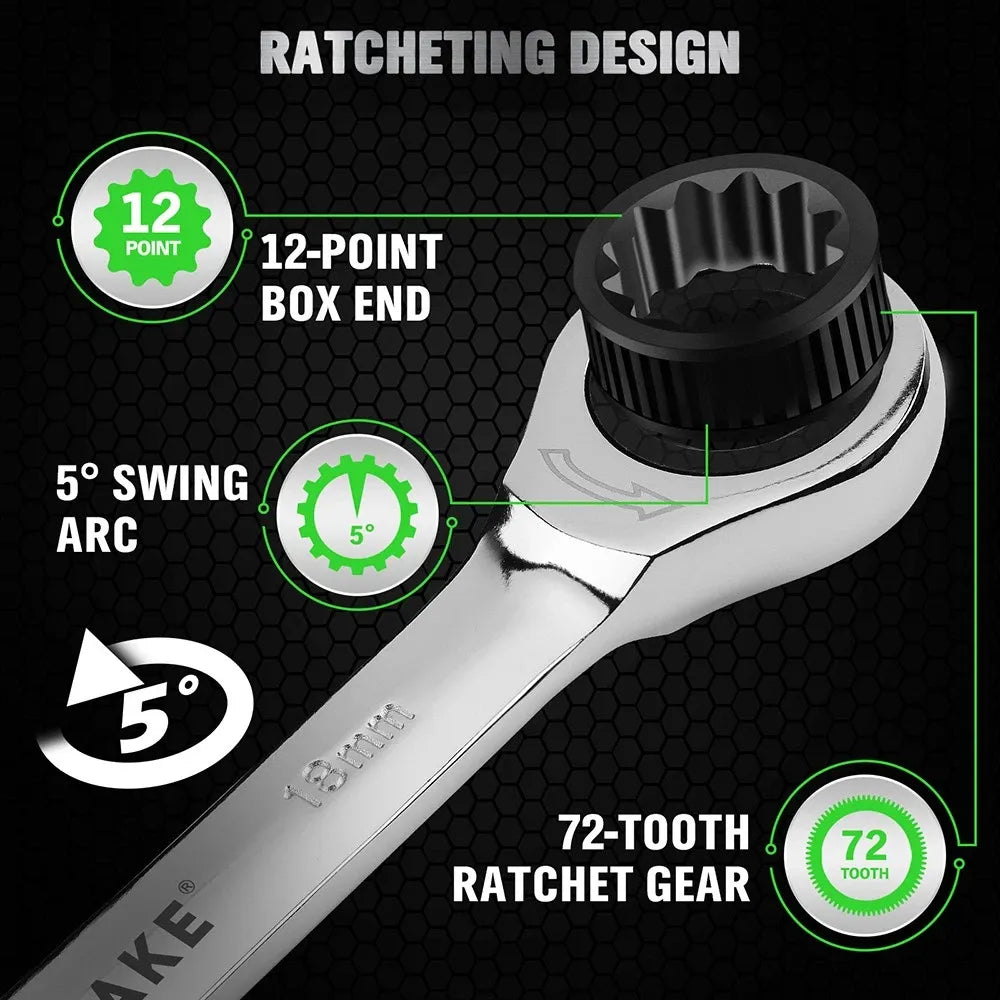 SWANLAKE 12Pcs Metric Ratcheting Spanner Set 6-18mm CR-V Steel 72-Tooth Holder
