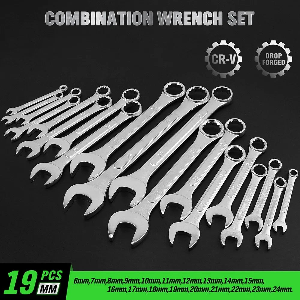 Swanlake 19Pc Stubby Spanner Set Metric 6-24mm Crv 12 Point Open End with Pouch