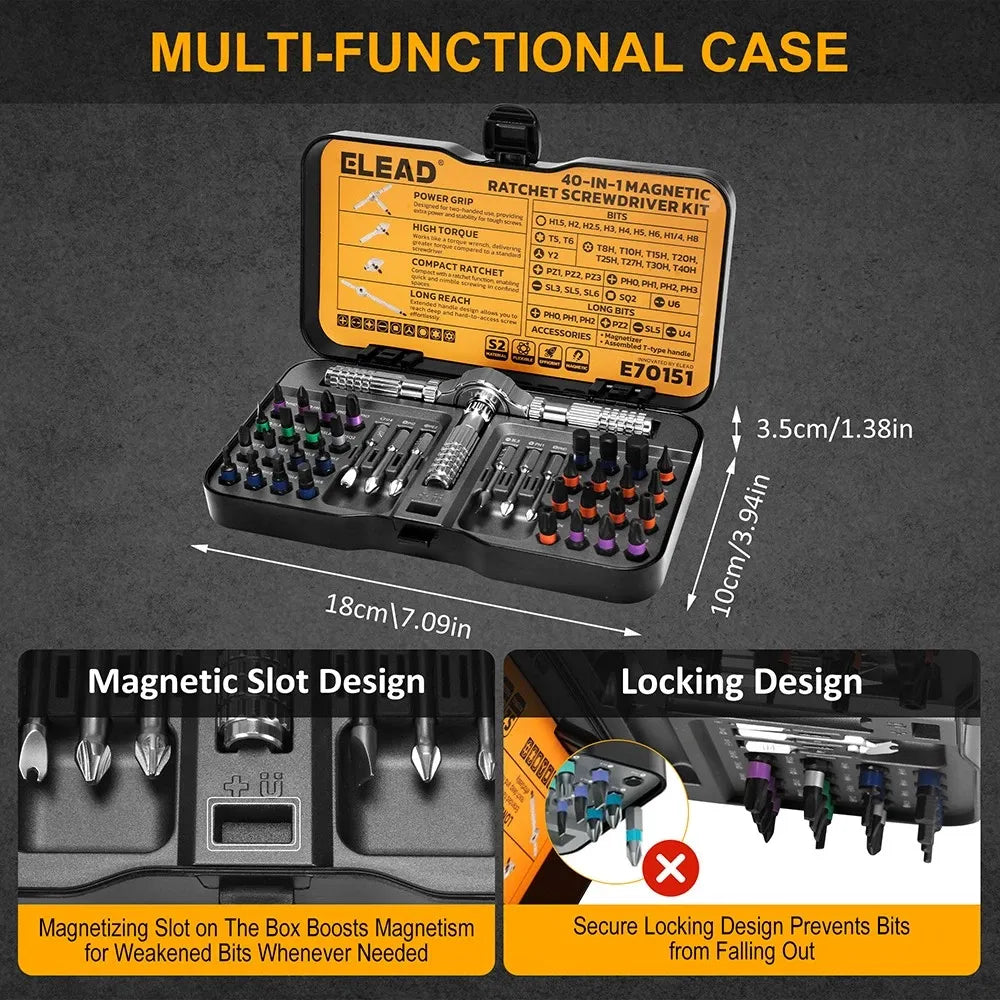 ELEAD 40in1 Ratchet Screwdriver Set Magnetic Precision Bits Adjustable T Handle