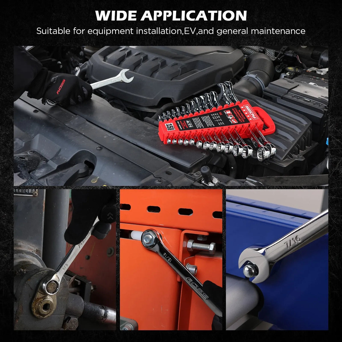 SEDY 15pc Combination Spanner Wrench Set SAE 1/4"-1" CR-V with Storage Rack