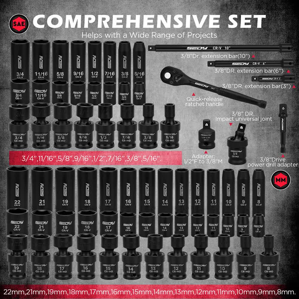 71-Pieces 3/8" Drive Master Impact Socket Set SAE Metric Universal Joint Adapter