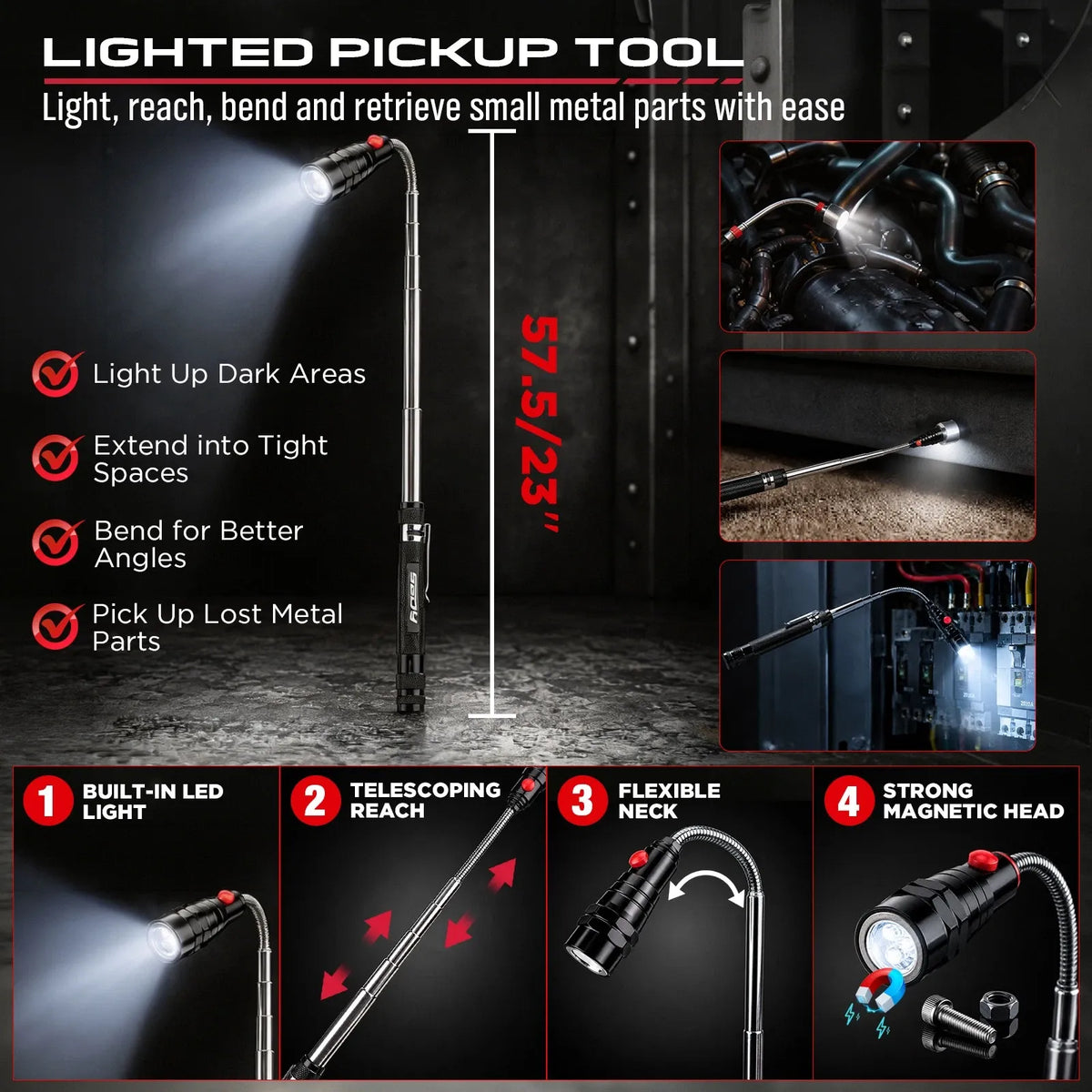SEDY 15pc Auto Trim Removal Tool Kit Pick & Hook Set LED Magnetic Pickup
