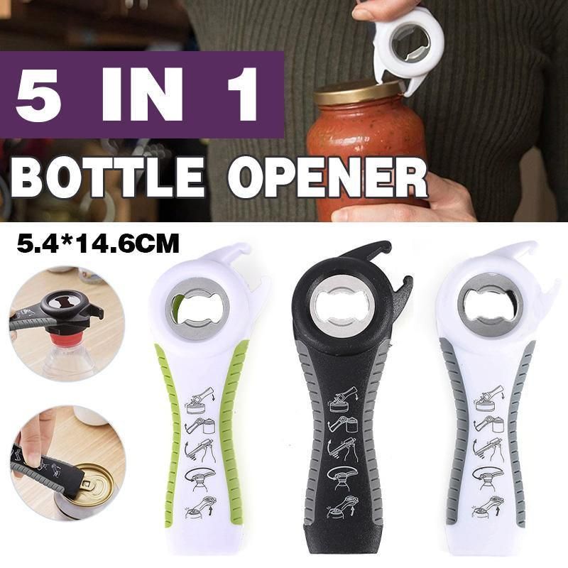 Multi 5 In 1 Manual Cap Kitchen Tool Jar Twist Off Lid Bottle Can Opener Gadget - Grey