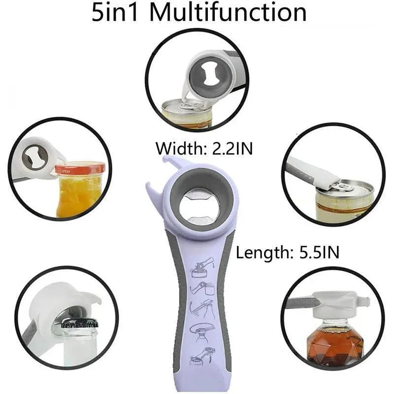 Multi 5 In 1 Manual Cap Kitchen Tool Jar Twist Off Lid Bottle Can Opener Gadget - Grey