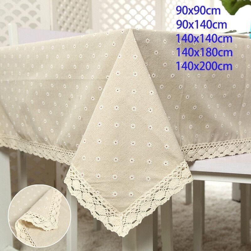 Floral Tablecloth with Lace Edge Cotton Linen Cover for Dining Table Square Rectangle - 90*90CM